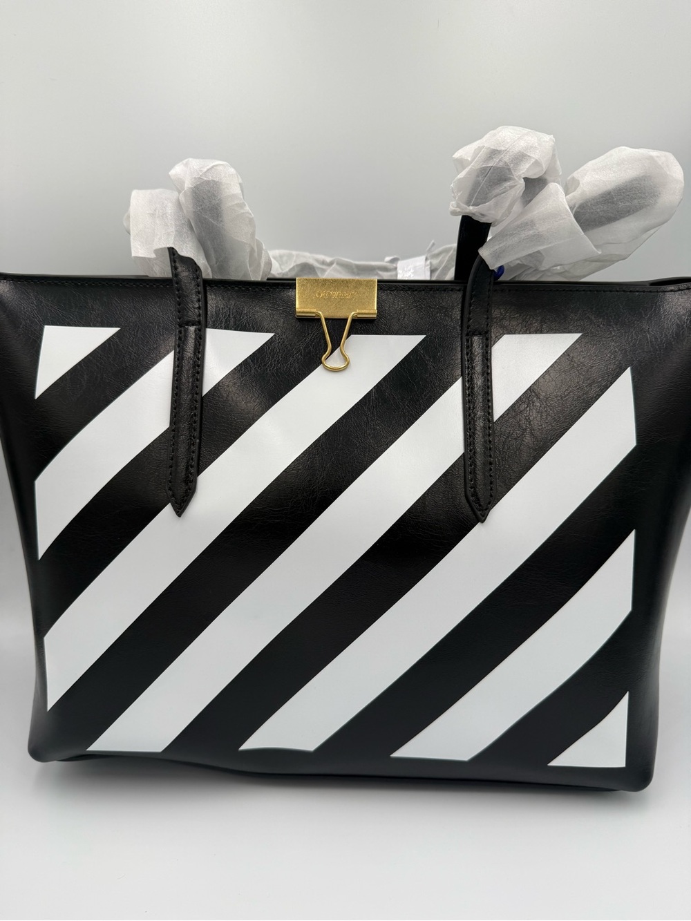 Off-White Black and White Diagonal Binder Stripe Tote with Gold Binder Clip